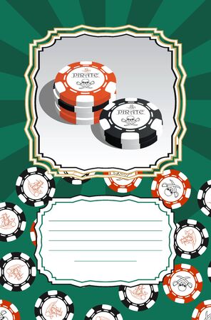 Template for greeting cards, business cards or flyers with space for text. Illustration with stylized poker chips. Pirate symbols.のイラスト素材