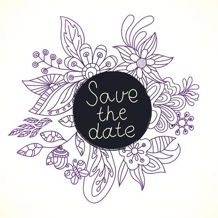 Wedding invitation cards with floral elements. Vector cards design. Wedding invitation, save the date.Hand drawn floral ornaments. Outline.のイラスト素材