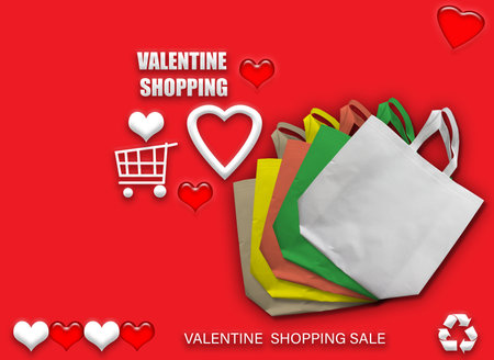 Valentine's gift ECO bags. Happy Valentines Day Shopping Bags Sale Banner with heart and shopping basket. copy space for text.の写真素材