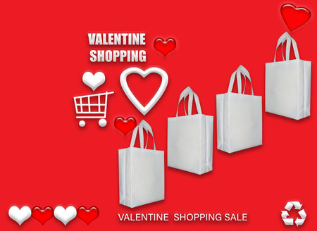 Valentine's gift ECO bags. Happy Valentines Day Shopping Bags Sale Banner with heart and shopping basket. copy space for text.の写真素材