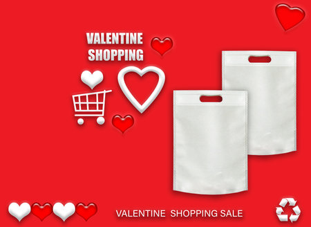 Valentine's gift ECO bags. Happy Valentines Day Shopping Bags Sale Banner with heart and shopping basket. copy space for text.の写真素材