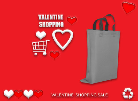 Valentine's gift ECO bags. Happy Valentines Day Shopping Bags Sale Banner with heart and shopping basket. copy space for text.の写真素材
