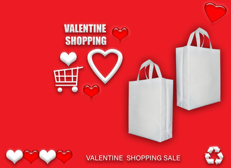 Valentine's gift ECO bags. Happy Valentines Day Shopping Bags Sale Banner with heart and shopping basket. copy space for text.の写真素材