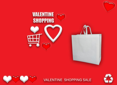 Valentine's gift ECO bags. Happy Valentines Day Shopping Bags Sale Banner with heart and shopping basket. copy space for text.の写真素材