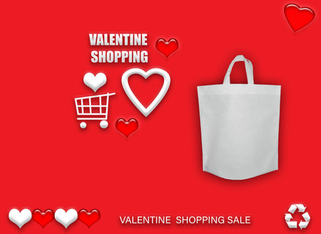 Valentine's gift ECO bags. Happy Valentines Day Shopping Bags Sale Banner with heart and shopping basket. copy space for text.の写真素材