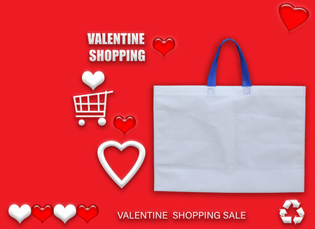 Valentine's gift ECO bags. Happy Valentines Day Shopping Bags Sale Banner with heart and shopping basket. copy space for text.の写真素材