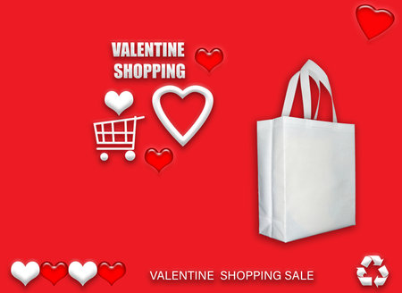 Valentine's gift ECO bags. Happy Valentines Day Shopping Bags Sale Banner with heart and shopping basket. copy space for text.の写真素材