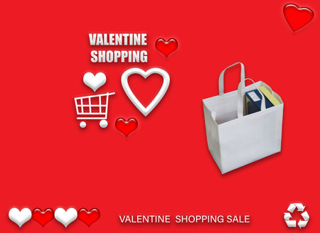 Valentine's gift ECO bags. Happy Valentines Day Shopping Bags Sale Banner with heart and shopping basket. copy space for text.の写真素材