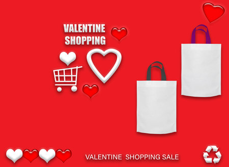 Valentine's gift ECO bags. Happy Valentines Day Shopping Bags Sale Banner with heart and shopping basket. copy space for text.の写真素材