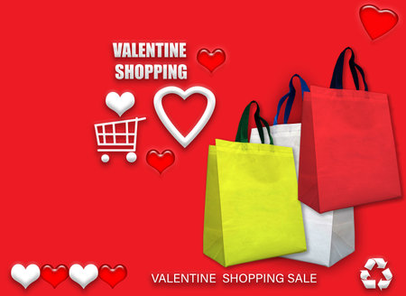 Valentine's gift ECO bags. Happy Valentines Day Shopping Bags Sale Banner with heart and shopping basket. copy space for text.の写真素材