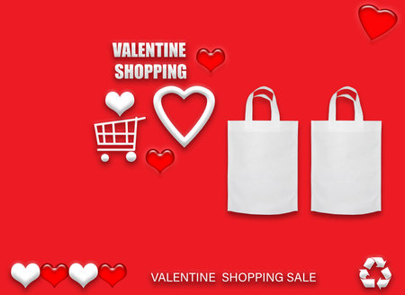 Valentine's gift ECO bags. Happy Valentines Day Shopping Bags Sale Banner with heart and shopping basket. copy space for text.の写真素材