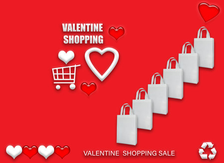 Valentine's gift ECO bags. Happy Valentines Day Shopping Bags Sale Banner with heart and shopping basket. copy space for text.の写真素材