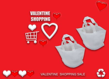 Valentine's gift ECO bags. Happy Valentines Day Shopping Bags Sale Banner with heart and shopping basket. copy space for text.の写真素材