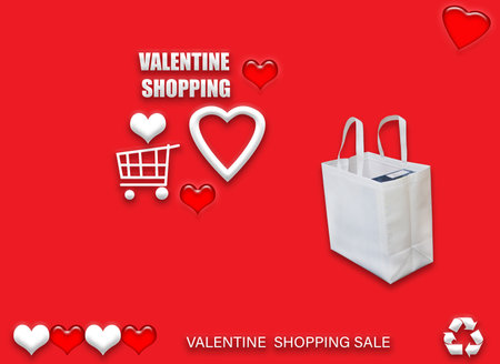 Valentine's gift ECO bags. Happy Valentines Day Shopping Bags Sale Banner with heart and shopping basket. copy space for text.の写真素材