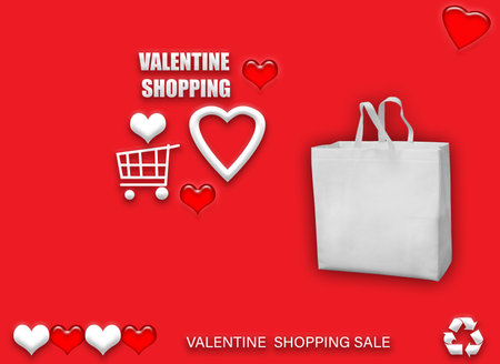 Valentine's gift ECO bags. Happy Valentines Day Shopping Bags Sale Banner with heart and shopping basket. copy space for text.の写真素材