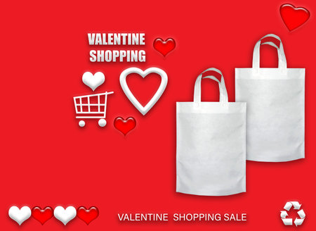 Valentine's gift ECO bags. Happy Valentines Day Shopping Bags Sale Banner with heart and shopping basket. copy space for text.の写真素材