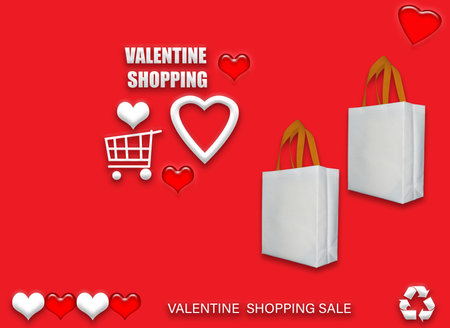 Valentine's gift ECO bags. Happy Valentines Day Shopping Bags Sale Banner with heart and shopping basket. copy space for text.の写真素材