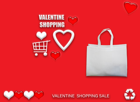 Valentine's gift ECO bags. Happy Valentines Day Shopping Bags Sale Banner with heart and shopping basket. copy space for text.の写真素材