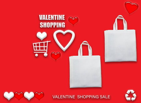 Valentine's gift ECO bags. Happy Valentines Day Shopping Bags Sale Banner with heart and shopping basket. copy space for text.の写真素材