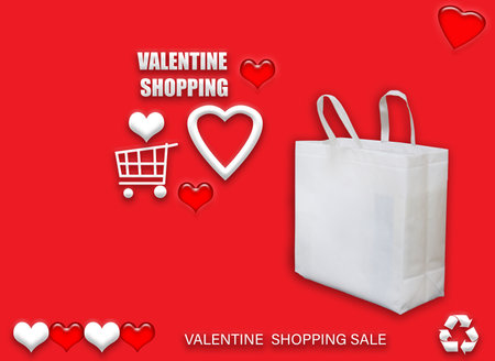 Valentine's gift ECO bags. Happy Valentines Day Shopping Bags Sale Banner with heart and shopping basket. copy space for text.の写真素材