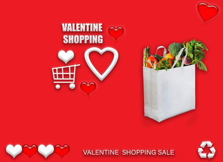 Valentine's gift ECO bags. Happy Valentines Day Shopping Bags Sale Banner with heart and shopping basket. copy space for text.の写真素材