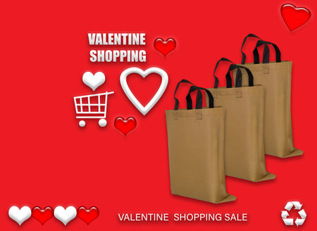 Valentine's gift ECO bags. Happy Valentines Day Shopping Bags Sale Banner with heart and shopping basket. copy space for text.の写真素材