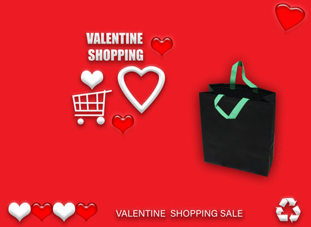 Valentine's gift ECO bags. Happy Valentines Day Shopping Bags Sale Banner with heart and shopping basket. copy space for text.の写真素材