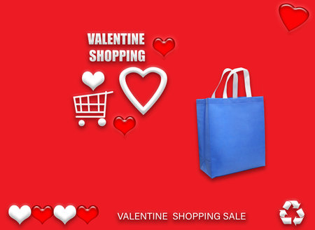 Valentine's gift ECO bags. Happy Valentines Day Shopping Bags Sale Banner with heart and shopping basket. copy space for text.の写真素材