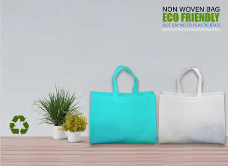 Empty Mockup Bags Isolated on Table with white background. ECO Bags. Copy Space for Text.の写真素材