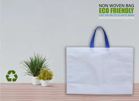 Empty Mockup Bags Isolated on Table with white background. ECO Bags. Copy Space for Text.の写真素材