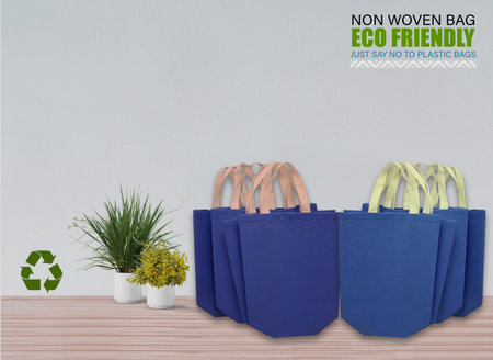 Empty Mockup Bags Isolated on Table with white background. ECO Bags. Copy Space for Text.の写真素材