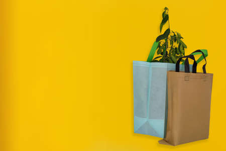 Beautiful Non Woven Grocery Shopping Bag with yellow background. Tote ECO Bagsの写真素材