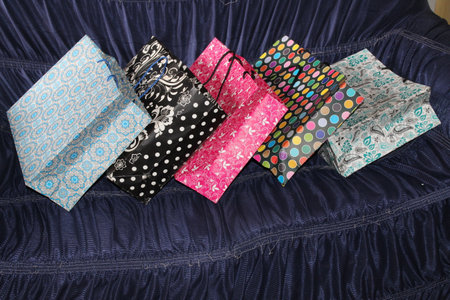colorful paper shopping bags. Set of Colorful Empty Bags for Mockup. Composition of space for branding. close up view bagsの写真素材