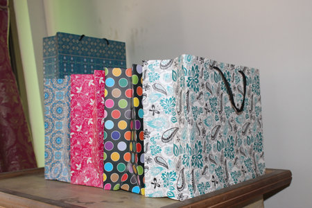 colorful paper shopping bags. Set of Colorful Empty Bags for Mockup. Composition of space for branding. close up view bagsの写真素材