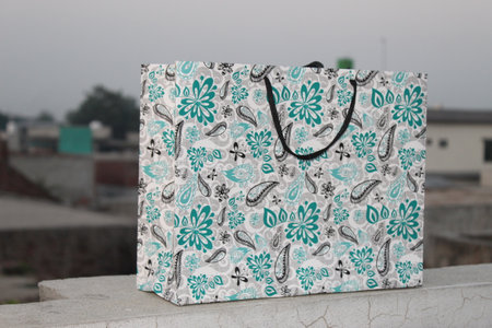 colorful paper shopping bags. Set of Colorful Empty Bags for Mockup. Composition of space for branding. close up view bagsの写真素材