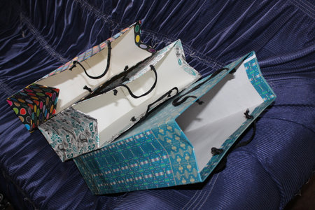 colorful paper shopping bags. Set of Colorful Empty Bags for Mockup. Composition of space for branding. close up view bagsの写真素材