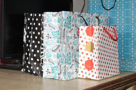 colorful paper shopping bags. Set of Colorful Empty Bags for Mockup. Composition of space for branding. close up view bagsの写真素材