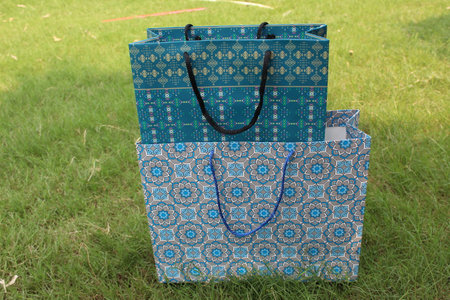 Colorful Paper Shopping bags are isolated on a green natural background. no plastic bags only eco-friendly bags.の写真素材