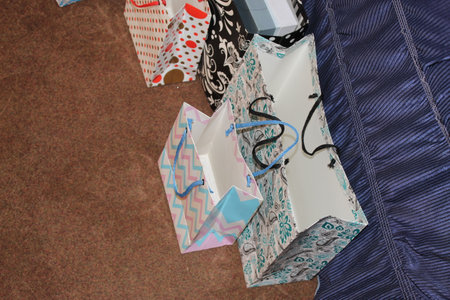few different paper shopping bags. Set of Colorful Empty Bags for Mockup. Composition of space for branding. close up view bagsの写真素材