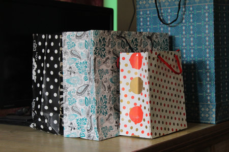 Paper Shopping bags. Set of Colorful Empty Bags for Mockup. Composition of space for branding. close up view bagsの写真素材
