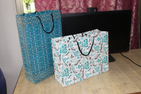 Paper Shopping bags. Set of Colorful Empty Bags for Mockup. Composition of space for branding. close up view bagsの写真素材