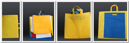 Shopping bags collection with amazing colors. Group of ECO Shopping bags for the website and social networks. Web banners for sales. Nonwoven Bag Header Banner for Website. Use ECO Bag.の写真素材
