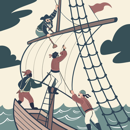 Vector illustration of a group of young people sailing on a wooden sailboatのイラスト素材