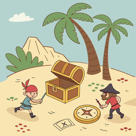 Treasure hunter and pirate on the beach. Vector cartoon illustration.のイラスト素材