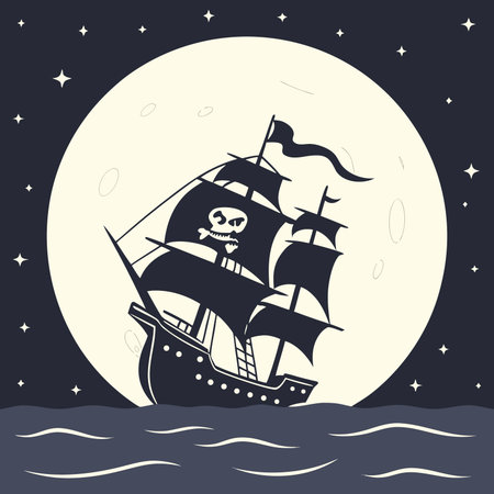 Pirate ship on the background of the full moon. Vector illustration.のイラスト素材