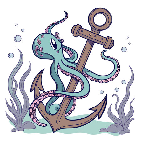 Anchor with octopus and seaweed. Vector illustration.のイラスト素材