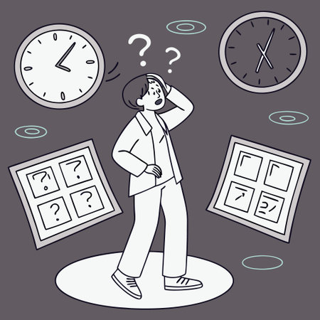 Stressed man with a lot of clocks on the wall. Vector illustration.のイラスト素材