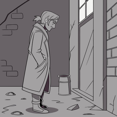 A woman in a trench coat stands in the corner of a buildingのイラスト素材
