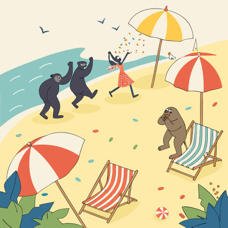 Vector illustration of monkeys on the beach. Cartoon style. Vector illustration.のイラスト素材