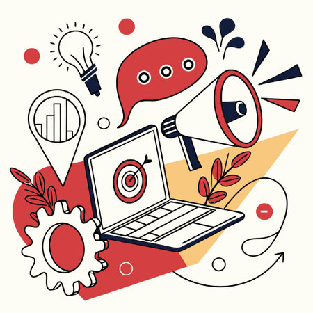 Flat design vector illustration concept of online marketing and advertising. Laptop with digital marketing icons.のイラスト素材